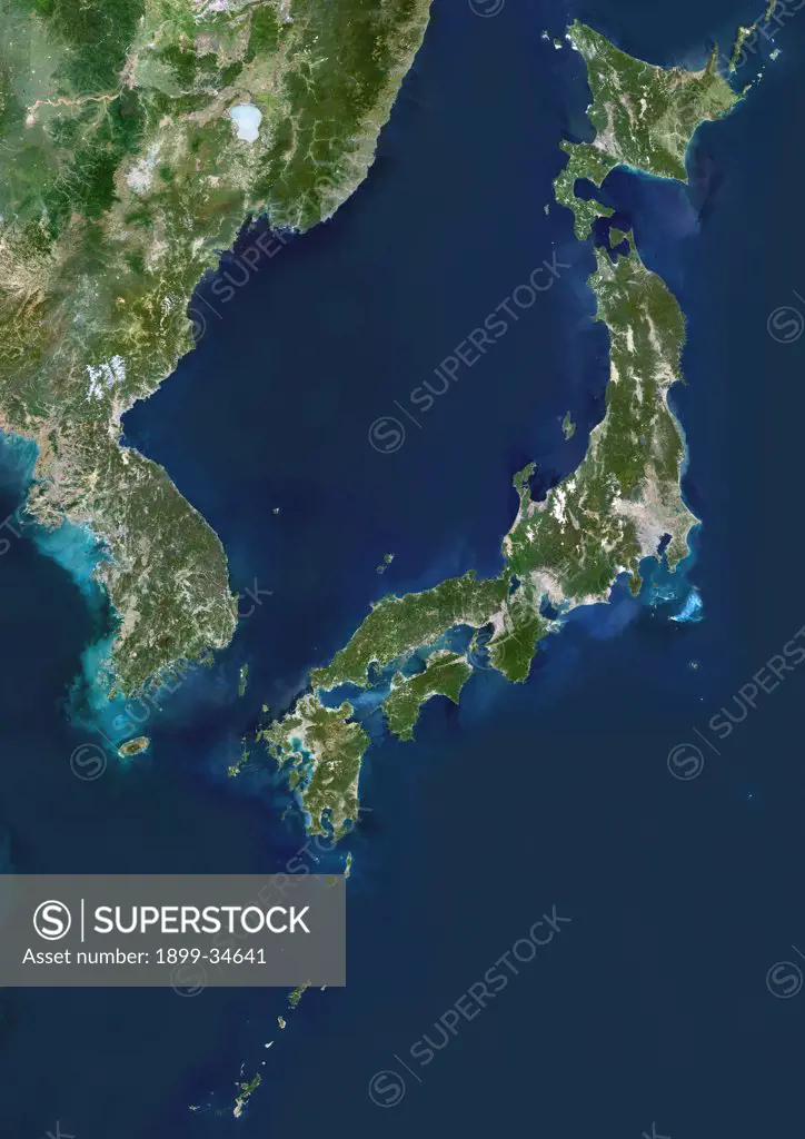 Korea And Japan, True Colour Satellite Image. Korea & Japan, true colour satellite image. This image was compiled from data acquired by LANDSAT 5 & 7 satellites.