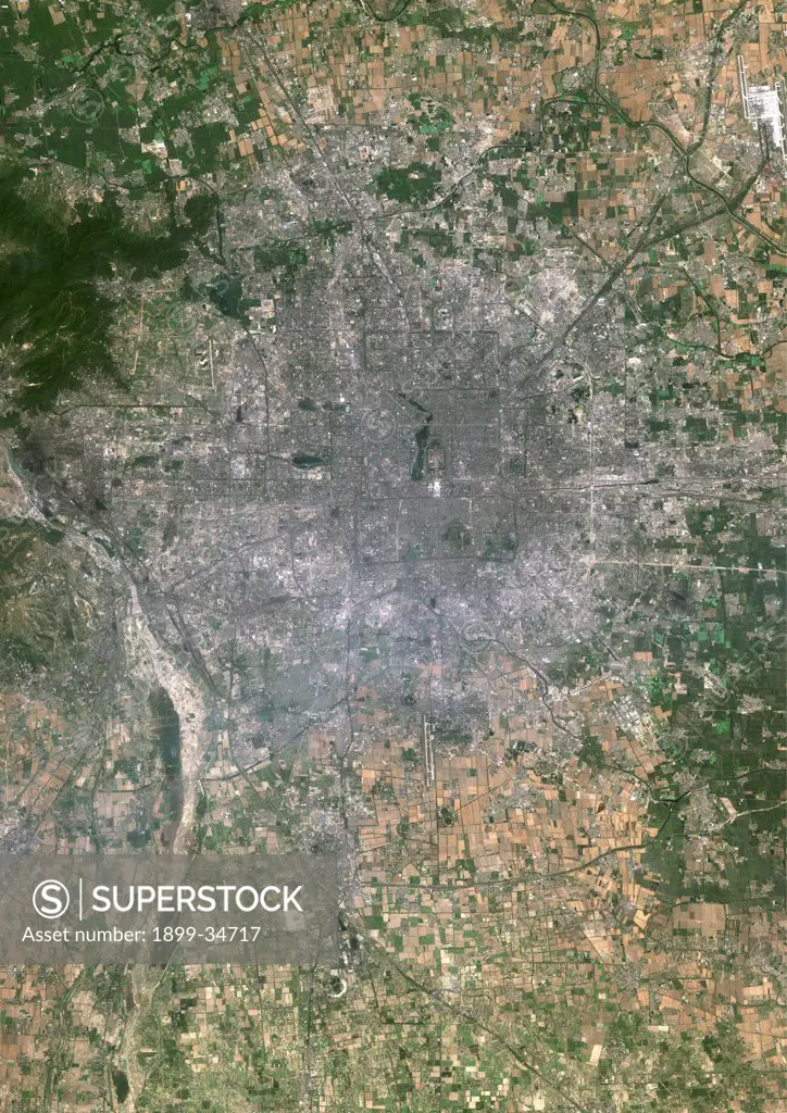 Beijing, China, True Colour Satellite Image. Beijing, People's Republic of China. True colour satellite image of Beijing, capital city of the People's Republic of China. Image taken on 1 July 1999 using LANDSAT 7 data.