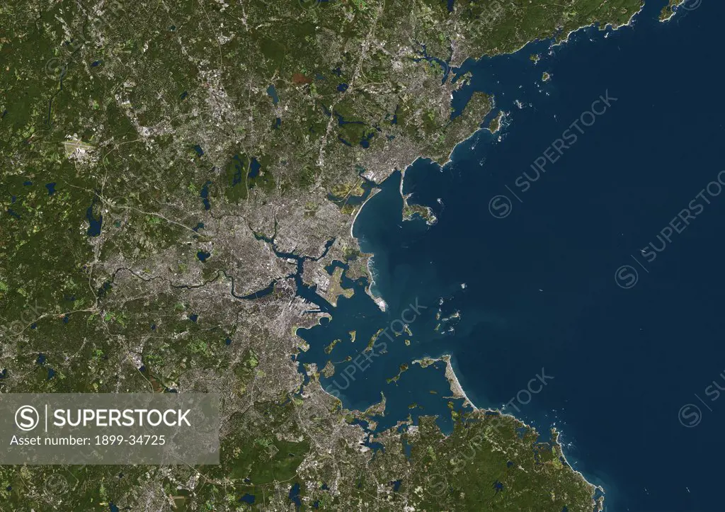 Boston, Massachusetts, Us, True Colour Satellite Image. Boston, Massachusetts, USA. True colour satellite image of the city of Boston, taken on 27 September 2000 using LANDSAT 7 data.