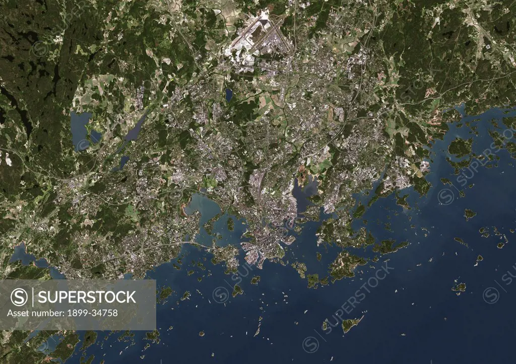 Helsinki, Finland, True Colour Satellite Image. Helsinki, Finland. True colour satellite image of Helsinki, capital city of Finland. Image taken on 29 May 2002, using LANDSAT 7 data.