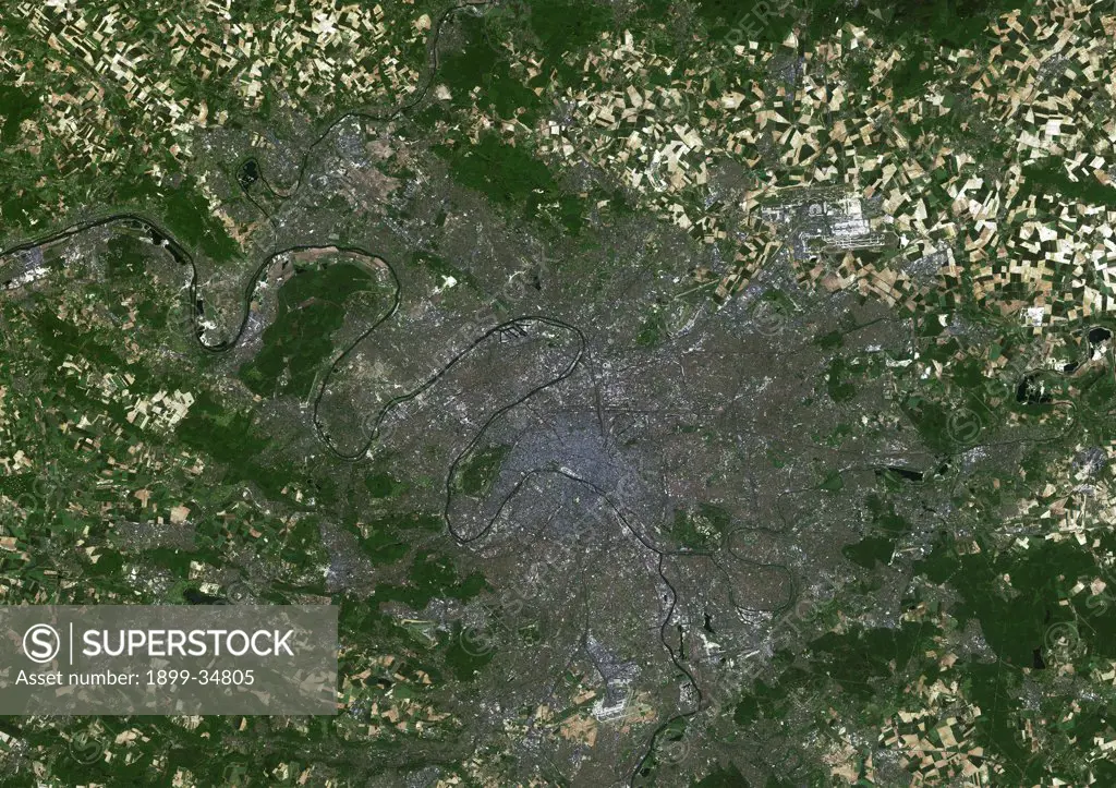 Paris, France, True Colour Satellite Image. Paris, France. True colour satellite image of Paris, capital city of France. Image taken on 23 May 2001, using LANDSAT 7 data.