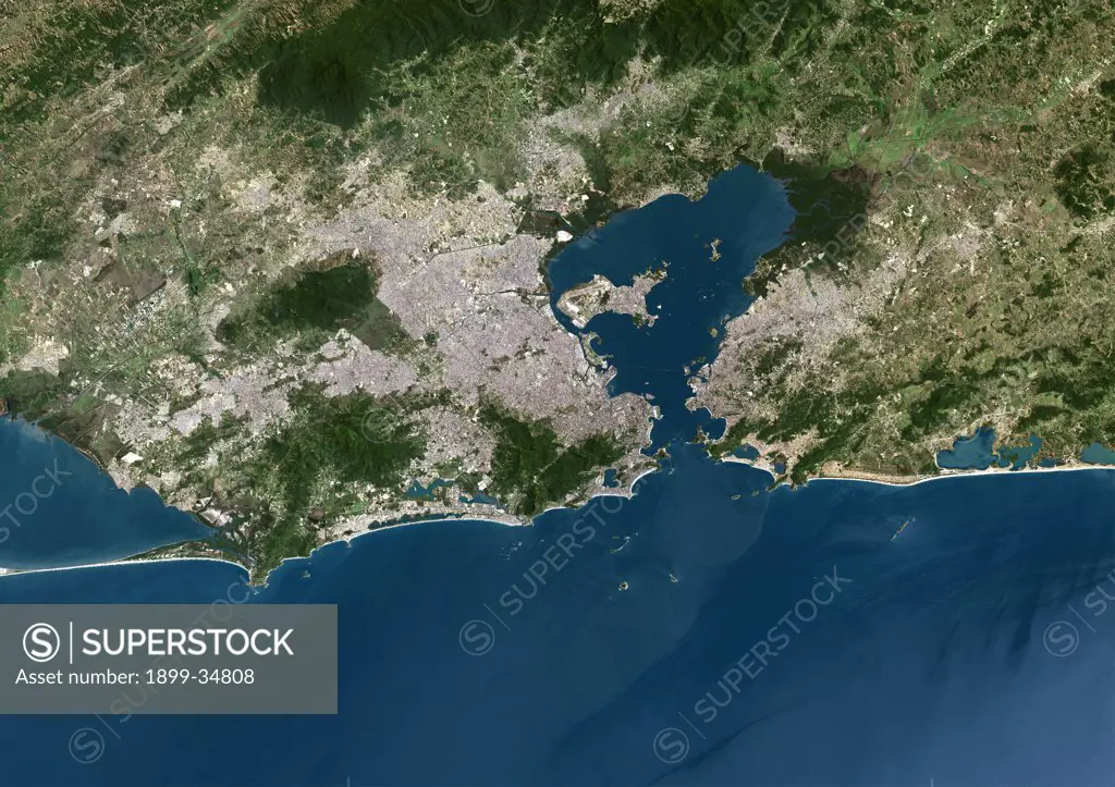 Rio De Janeiro, Brazil, True Colour Satellite Image. Rio de Janeiro, Brazil. True colour satellite image of the city of Rio de Janeiro, taken on 28 October 2001, using LANDSAT 7 data.