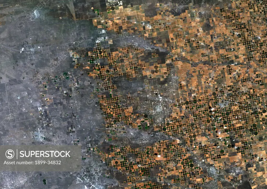 Agriculture, Texas, Usa, True Colour Satellite Image. True colour satellite image of center-pivot irrigated fields in Texas, USA. Image taken on 21 September 1993 using LANDSAT data.