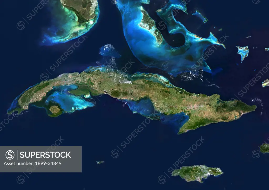 Cuba, True Colour Satellite Image. True colour satellite image of Cuba, the largest island in the Carribean. The image used data from LANDSAT 5 & 7 satellites.