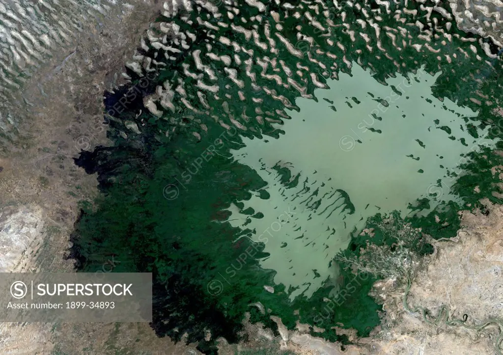 Lake Chad, Chad, True Colour Satellite Image. Lake Chad in the dry season, the water is in light green, the dark green shows swamp areas. Image taken on 7 November 1987 using LANDSAT data.
