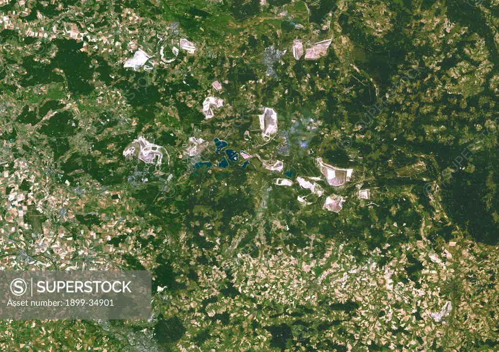 Brown Coal Mines, Dresden, Germany, True Colour Satellite Image. Open air lignite coal mining areas (in white), North of Dresden, in the Eastern part of Germany, true colour satellite image. Image taken on 10 September 1992 using LANDSAT data.