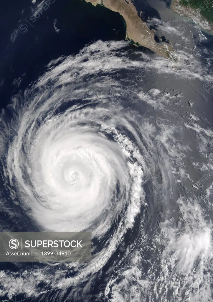 Hurricane Hernan, Baja California, Mexico, True Colour Satellite Image. Hurricane Hernan, true colour satellite image. Hurricane Hernan off the Baja California peninsula, Mexico, in the Eastern Pacific Ocean (satellite image taken on 1/09/2002).