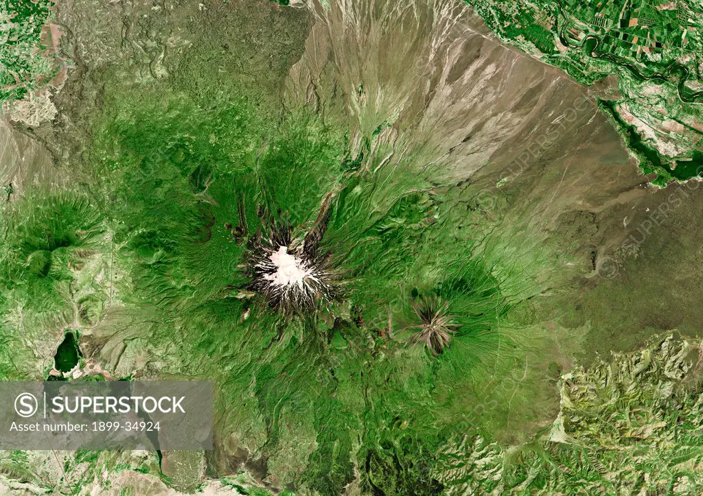 Volcano Ararat, Turkey, True Colour Satellite Image. Volcano Ararat, Turkey, true colour satellite image. Ararat is a major volcano located on the Eastern part of Turkey, close to the border with Iran and Armenia. Image using LANDSAT data.
