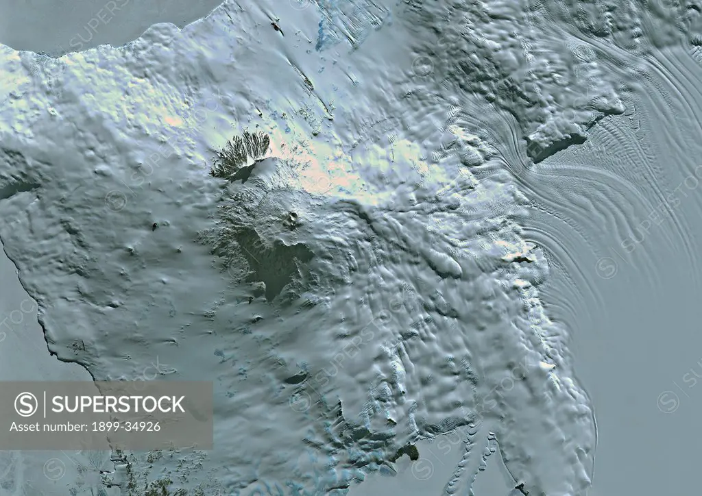 Volcano Erebus, Ross Island, Antarctica, True Colour Satellite Image. Volcano Erebus, Antarctica, true colour satellite image. Erebus is the southern most active volcano located close to the South Pole on Ross Island. Image using LANDSAT data.