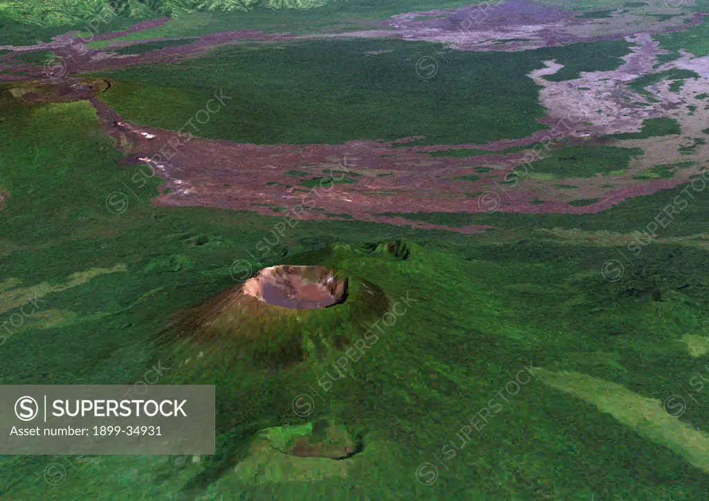 Volcano Nyiragongo In 3D, Democratic Republic Of Congo, True Colour Satellite Image. Nyiragongo, Congo, true colour satellite image. Nyiragongo is one of Africa's most active volcano, located 10km from the town of Goma. Image taken on 11 December 2001 using LANDSAT data.