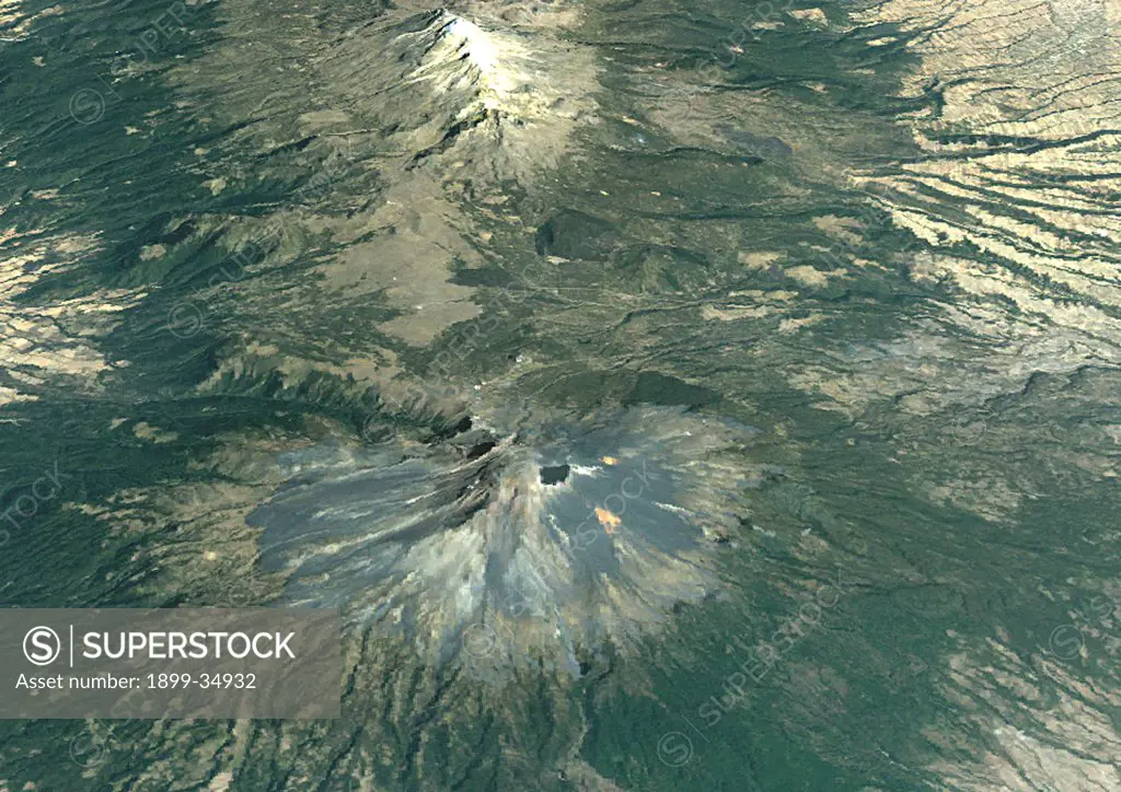 Volcano Popocatepetl In 3D, Mexico, True Colour Satellite Image. Popocatepetl, Mexico, true colour satellite image. The volcano Popocatepetl towers to 5426m Southeast of Mexico City. Image taken on 7 March 1989 using LANDSAT data.