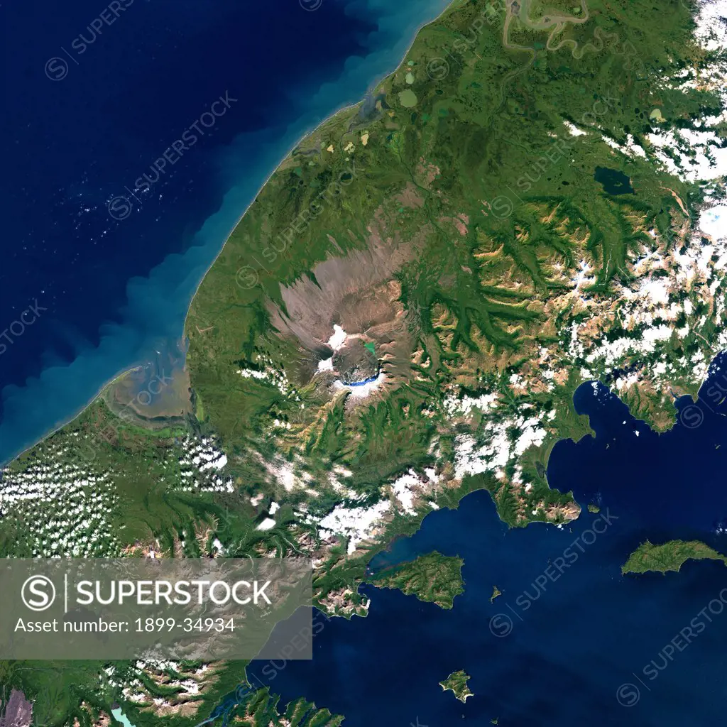 Aniakchak Volcano, Alaska, Usa, True Colour Satellite Image. Aniakchak, Alaska, true colour satellite image. Aniakchak is an active volcano located on the Alaska Peninsula 670 kilometers southwest of Anchorage. The volcano consists of a dramatic, 10-kilometer-diameter, 0.5 to 1.0-kilometer-deep caldera that formed during a catastrophic eruption 3,500 years ago. Composite image dated 1999-2000 using LANDSAT data. Print size 30 x 30 cm.