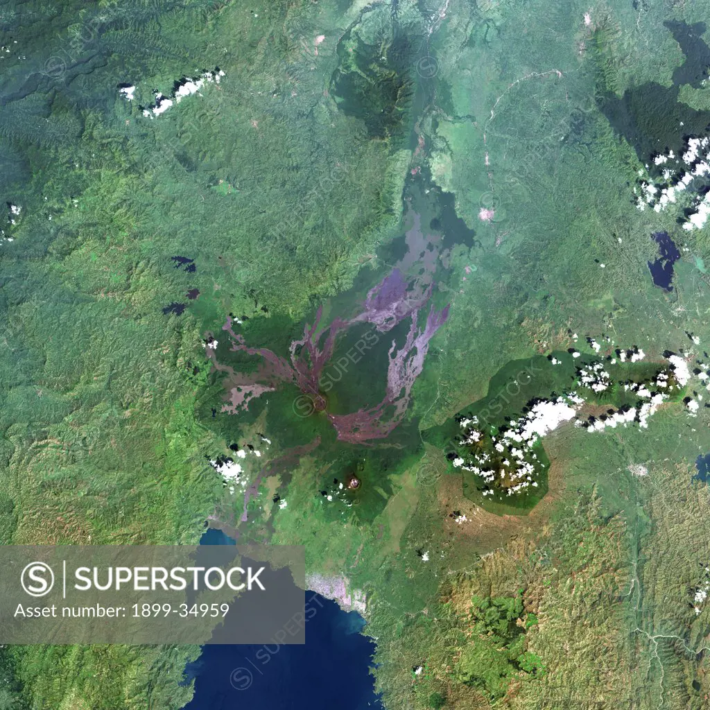 Nyiragongo Volcano, Democratic Republic Of Congo, True Colour Satellite Image. Nyiragongo, Congo, true colour satellite image. Nyiragongo is one of the most active volcanoes in Africa, located about 10 km from the city of Goma. Image taken on 11 December 2001 using LANDSAT data. Print size 30 x 30 cm.