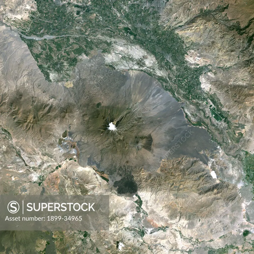Ararat Volcano, Turkey, True Colour Satellite Image. Ararat, Turkey, true colour satellite image. Ararat is a major volcano located on the Eastern part of Turkey, close to the border with Iran and Armenia. Composite image dated 1987-1989 using LANDSAT data. Print size 30 x 30 cm.