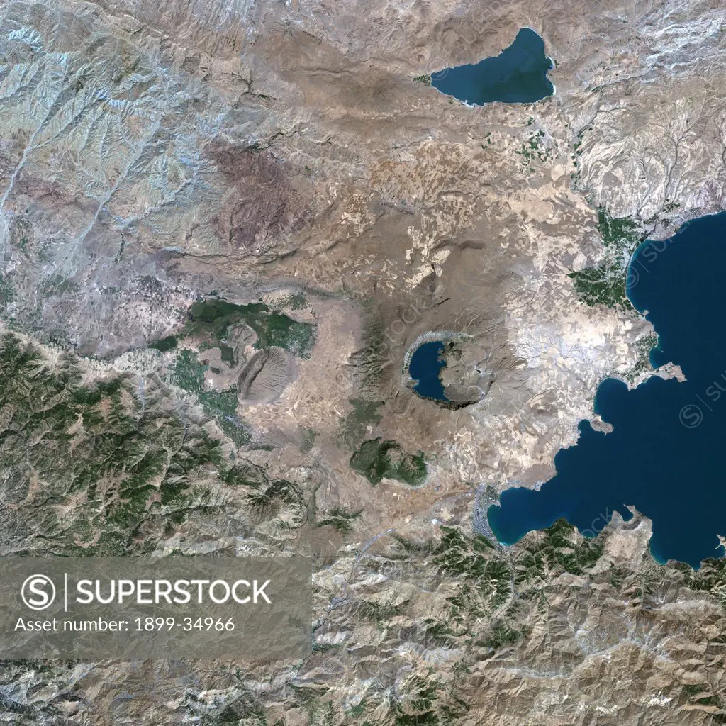 Nemrut Dagi Volcano, Turkey, True Colour Satellite Image. Nemrut Dagi, Turkey, true colour satellite image. Nemrut Dagi (2935m) has a large caldera whose Western end is occupied by a lake. Image taken on 5 September 2000 using LANDSAT data. Print size 30 x 30 cm.
