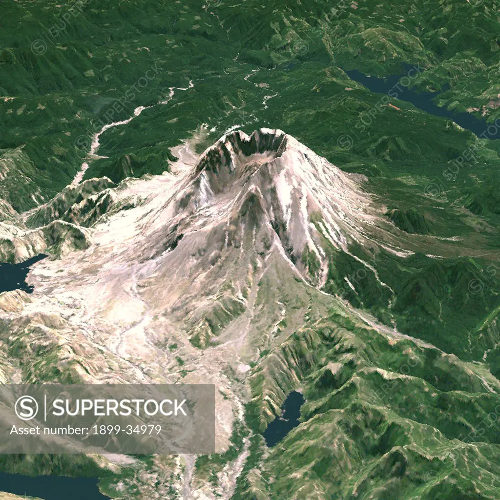 Mount St Helens In 3D, North West View, Washington State, Usa, True Colour Satellite Image. Mount St-Helens, USA, true colour satellite image. North-West view of Mount St-Helens in 3D, an active volcano (2250m high) in Washington State, US. Image using LANDSAT data. Print size 30 x 30 cm.