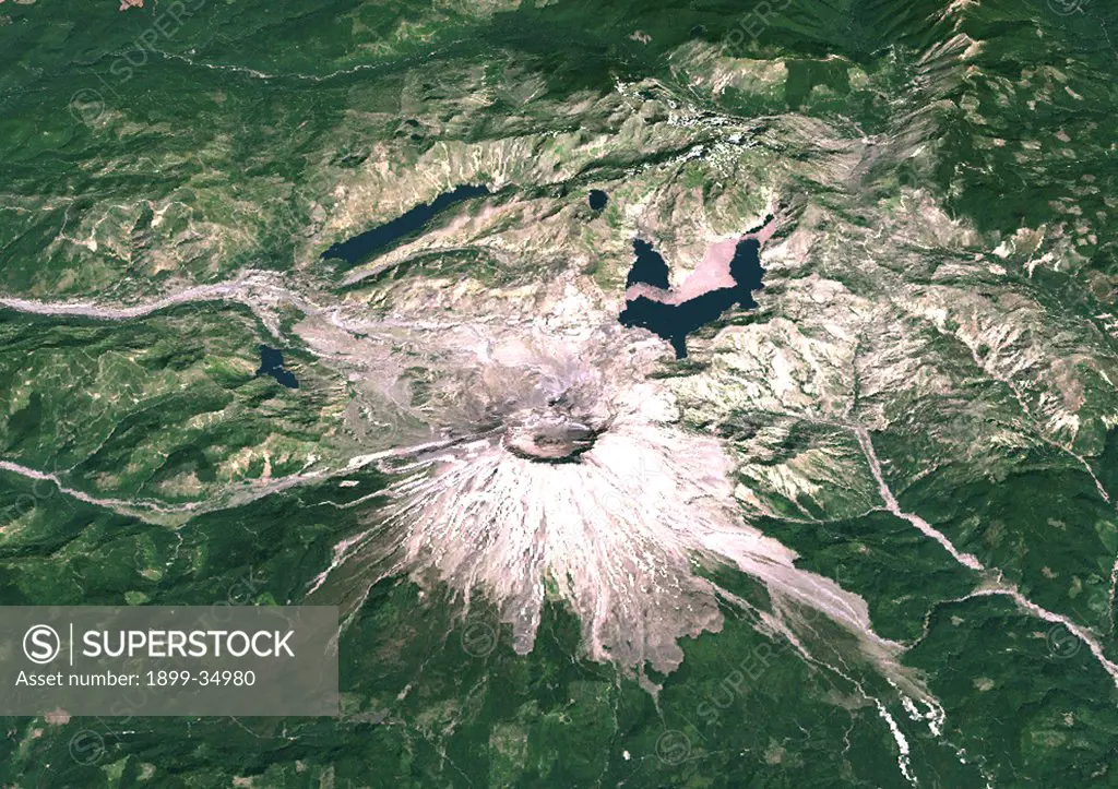 Mount St Helens In 3D, South View, Washington State, Usa. Mount St-Helens, USA, true colour satellite image. South view of Mount St-Helens in 3D, an active volcano (2250m high) in Washington State, US. Image using LANDSAT data.