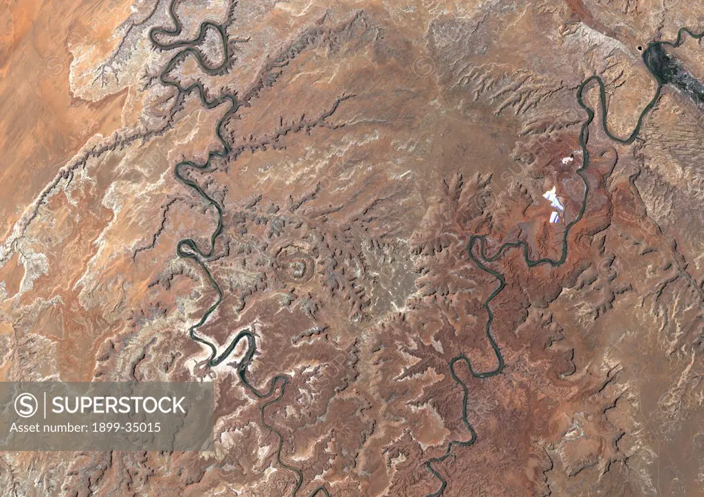 Upheaval Dome Meteor Impact Crater, Utah, Usa, True Colour Satellite Image. True colour satellite image of Upheaval Dome impact structure, Utah, US (age : 65 million years ; diameter : 5 km). Image taken on 17 June 1989 using LANDSAT data.