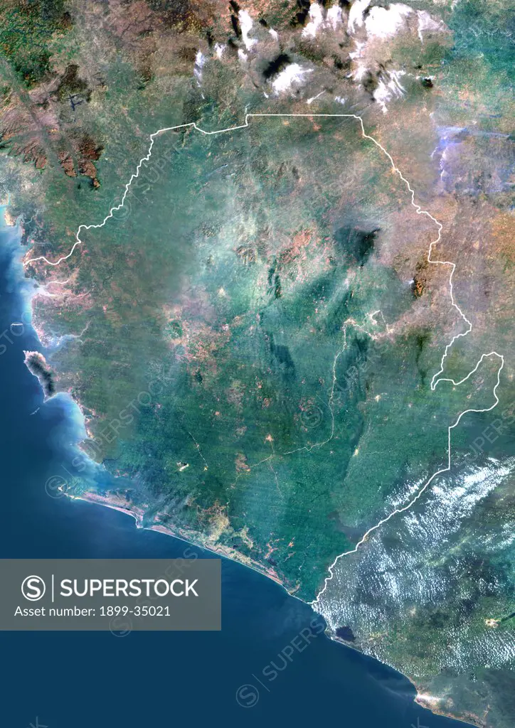 Sierra Leone, Africa, True Colour Satellite Image With Border. Satellite view of Sierra Leone (with border). This image was compiled from data acquired by LANDSAT 5 & 7 satellites.