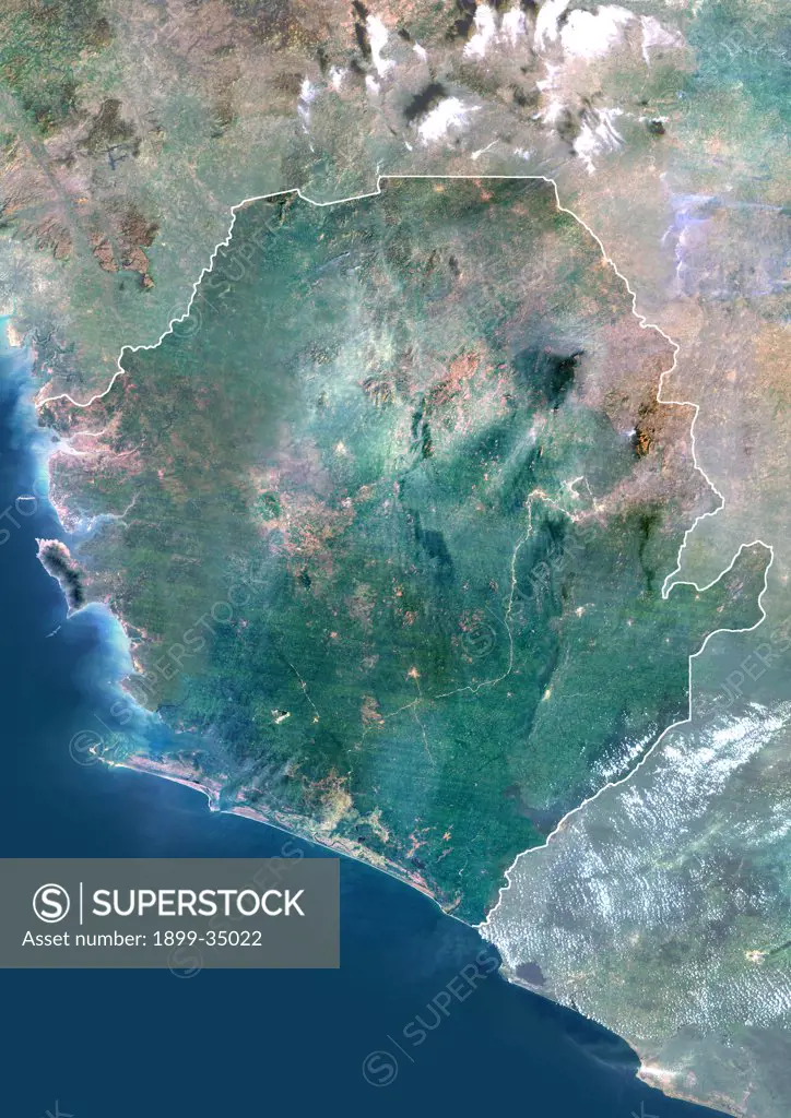 Sierra Leone, Africa, True Colour Satellite Image With Border And Mask. Satellite view of Sierra Leone (with border and mask). This image was compiled from data acquired by LANDSAT 5 & 7 satellites.