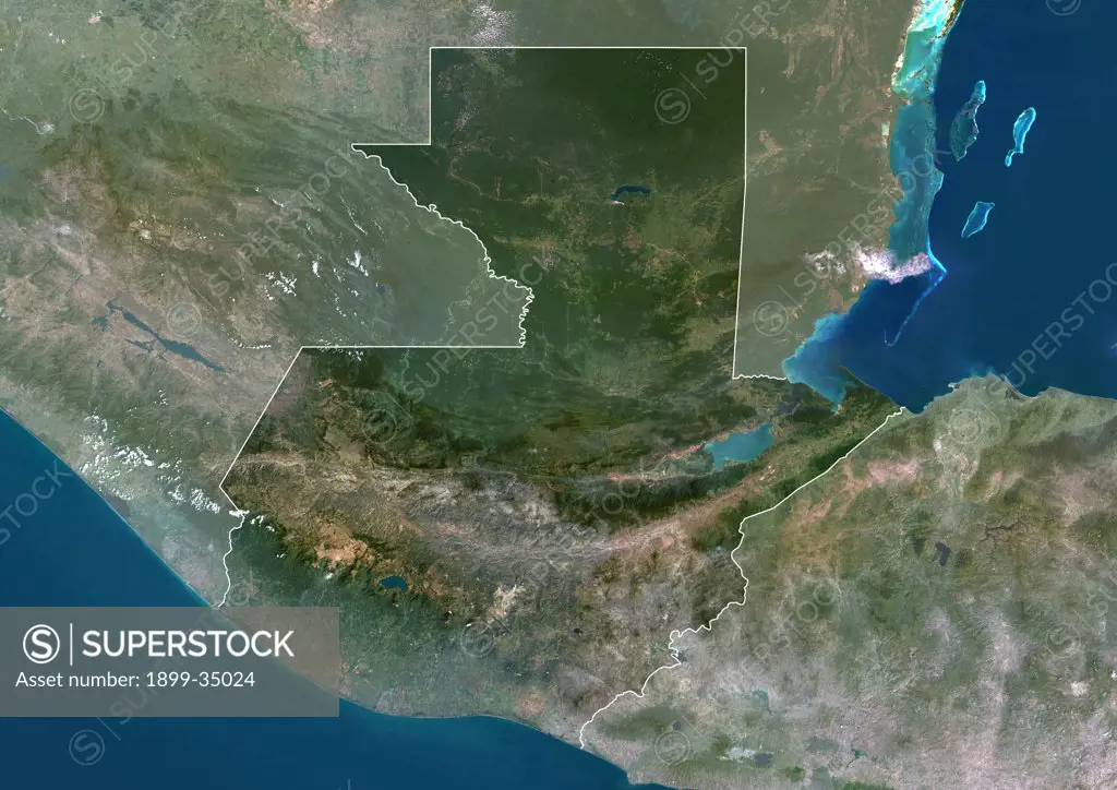 Guatemala, Central America, True Colour Satellite Image With Border And Mask. Satellite view of Guatemala (with border and mask). This image was compiled from data acquired by LANDSAT 5 & 7 satellites.