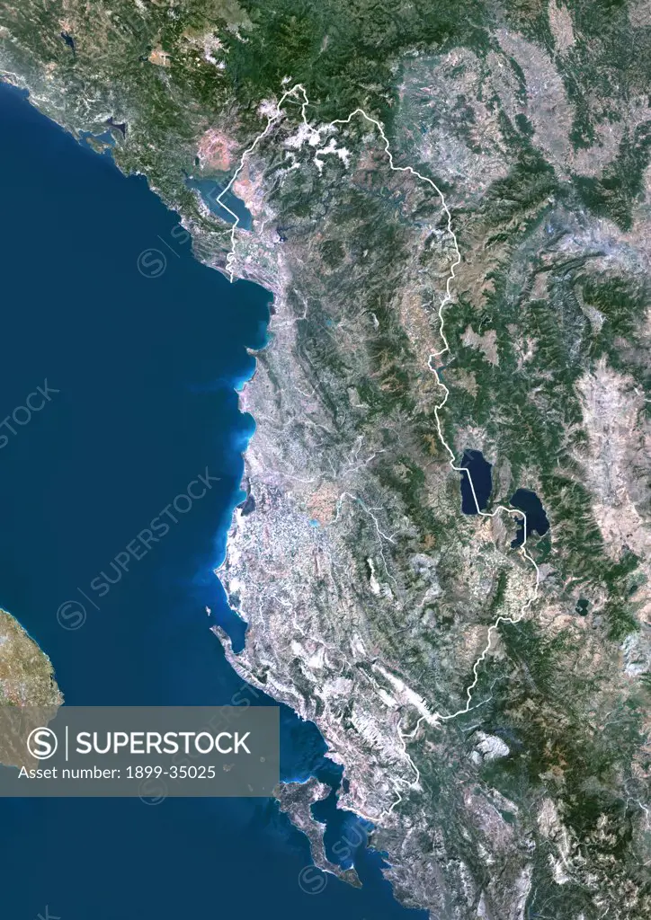 Albania, Europe, True Colour Satellite Image With Border. Satellite view of Albania (with border). This image was compiled from data acquired by LANDSAT 5 & 7 satellites.