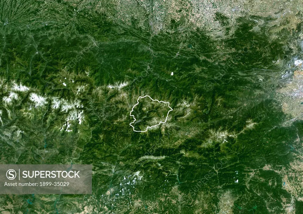 Andorra, Europe, True Colour Satellite Image With Border. Satellite view of Andorra (with border). This image was compiled from data acquired by LANDSAT 5 & 7 satellites.