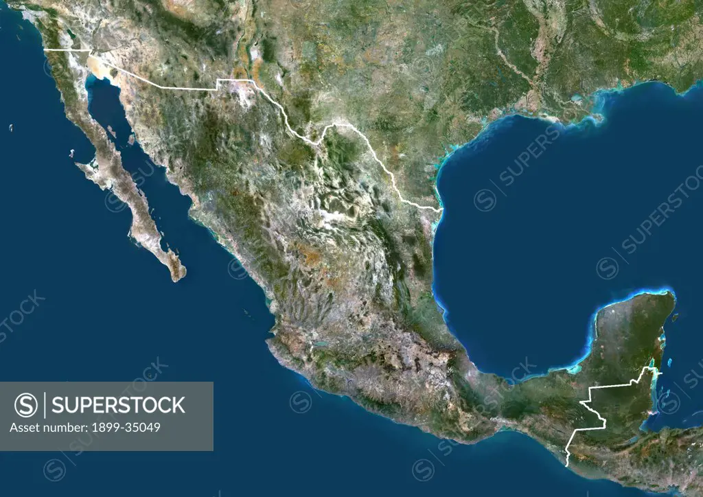 Mexico, North America, True Colour Satellite Image With Border. Satellite view of Mexico (with border). This image was compiled from data acquired by LANDSAT 5 & 7 satellites.