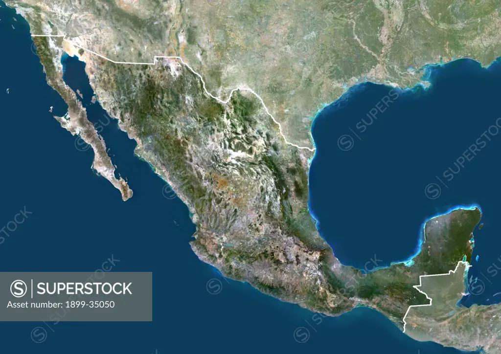 Mexico, North America, True Colour Satellite Image With Border And Mask. Satellite view of Mexico (with border and mask). This image was compiled from data acquired by LANDSAT 5 & 7 satellites.