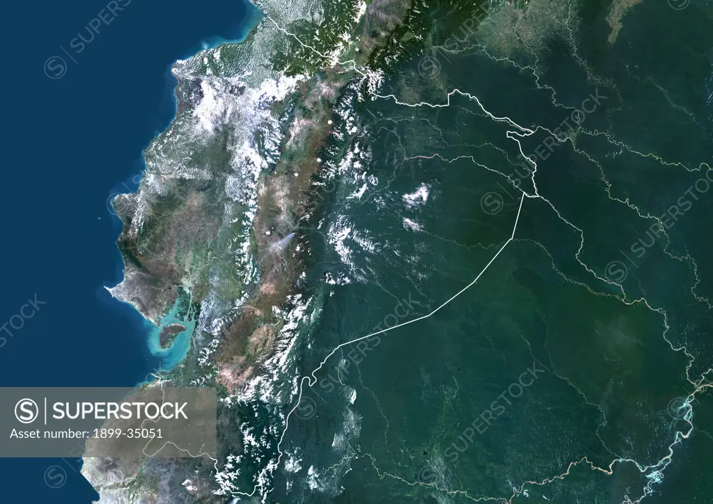 Ecuador, South America, True Colour Satellite Image With Border. Satellite view of Ecuador (with border). This image was compiled from data acquired by LANDSAT 5 & 7 satellites.