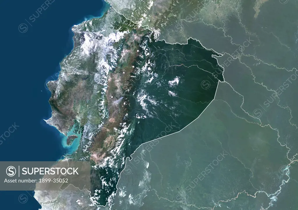 Ecuador, South America, True Colour Satellite Image With Border And Mask. Satellite view of Ecuador (with border and mask). This image was compiled from data acquired by LANDSAT 5 & 7 satellites.