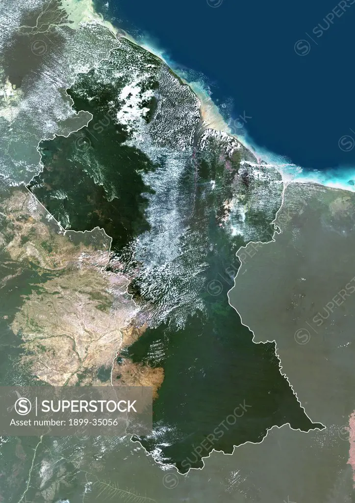 Guyana, South America, True Colour Satellite Image With Border And Mask. Satellite view of Guyana (with border and mask). This image was compiled from data acquired by LANDSAT 5 & 7 satellites.