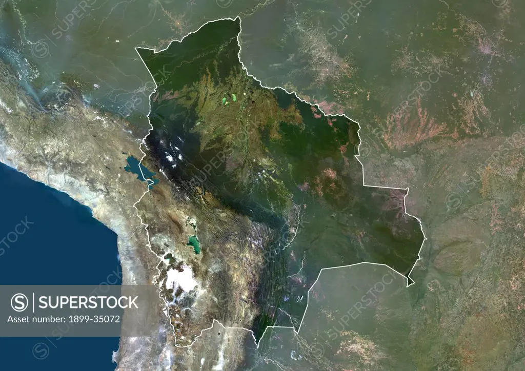 Bolivia, South America, True Colour Satellite Image With Border And Mask. Satellite view of Bolivia (with border and mask). This image was compiled from data acquired by LANDSAT 5 & 7 satellites.