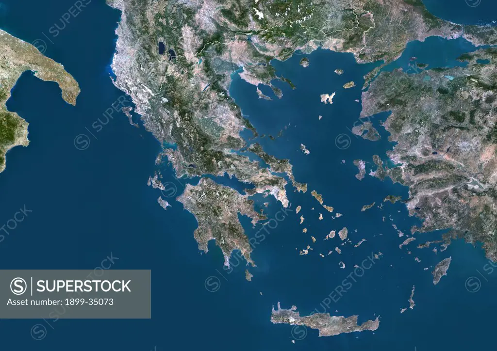 Greece, Europe, True Colour Satellite Image With Border. Satellite view of Greece (with border). This image was compiled from data acquired by LANDSAT 5 & 7 satellites.