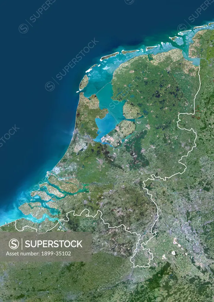 Netherlands, Europe, True Colour Satellite Image With Border. Satellite view of the Netherlands (with border). This image was compiled from data acquired by LANDSAT 5 & 7 satellites.