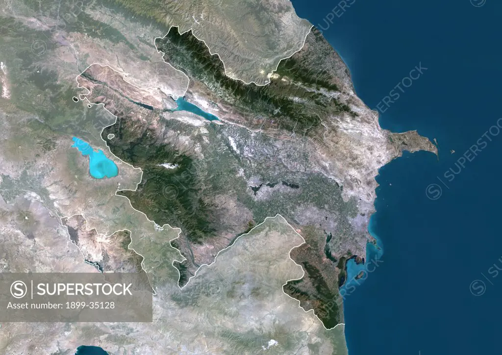 Azerbaijan, Asia, True Colour Satellite Image With Border And Mask. Satellite view of Azerbaijan (with border and mask). This image was compiled from data acquired by LANDSAT 5 & 7 satellites.