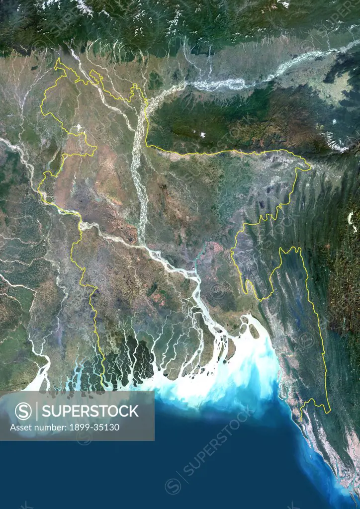 Bangladesh, Asia, True Colour Satellite Image With Border. Satellite view of Bangladesh (with border). This image was compiled from data acquired by LANDSAT 5 & 7 satellites.