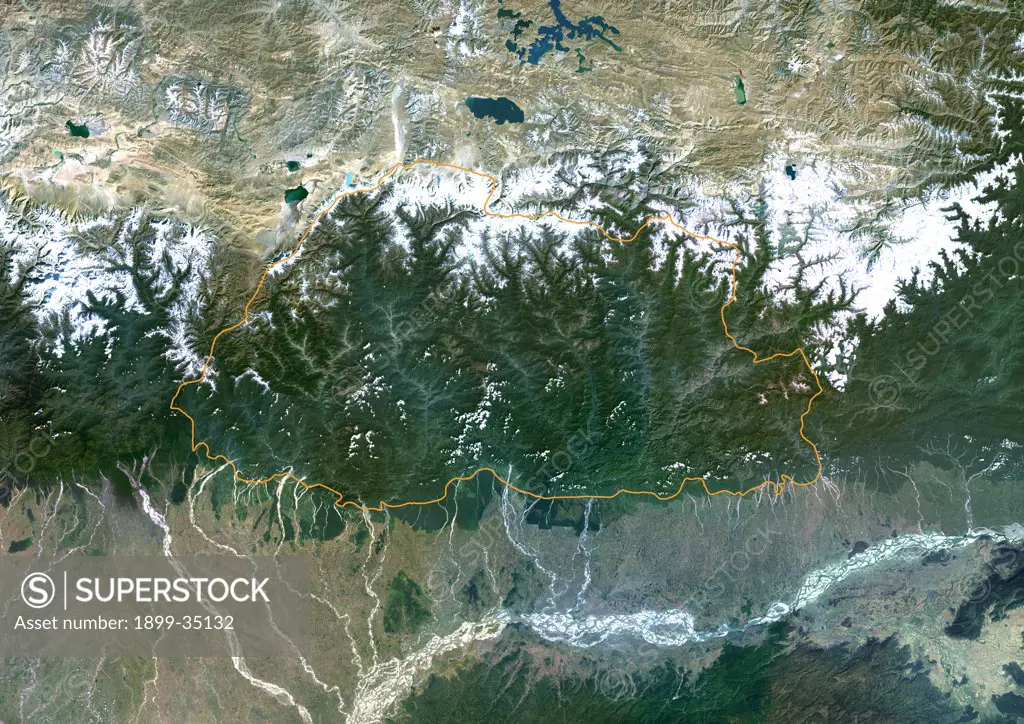 Bhutan, Asia, True Colour Satellite Image With Border. Satellite view of Bhutan (with border). This image was compiled from data acquired by LANDSAT 5 & 7 satellites.