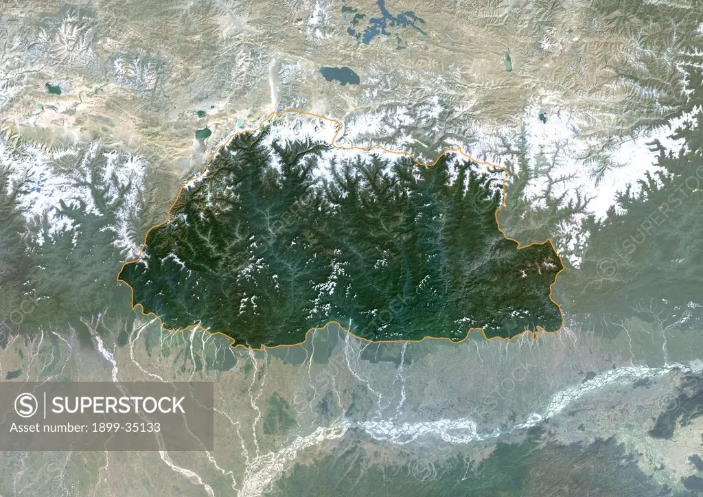 Bhutan, Asia, True Colour Satellite Image With Border And Mask. Satellite view of Bhutan (with border and mask). This image was compiled from data acquired by LANDSAT 5 & 7 satellites.
