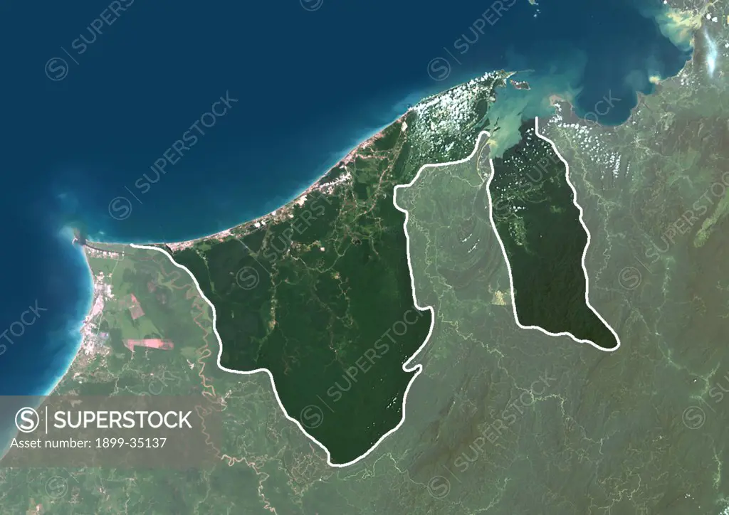 Brunei, Asia, True Colour Satellite Image With Border And Mask. Satellite view of Brunei (with border and mask). This image was compiled from data acquired by LANDSAT 5 & 7 satellites.