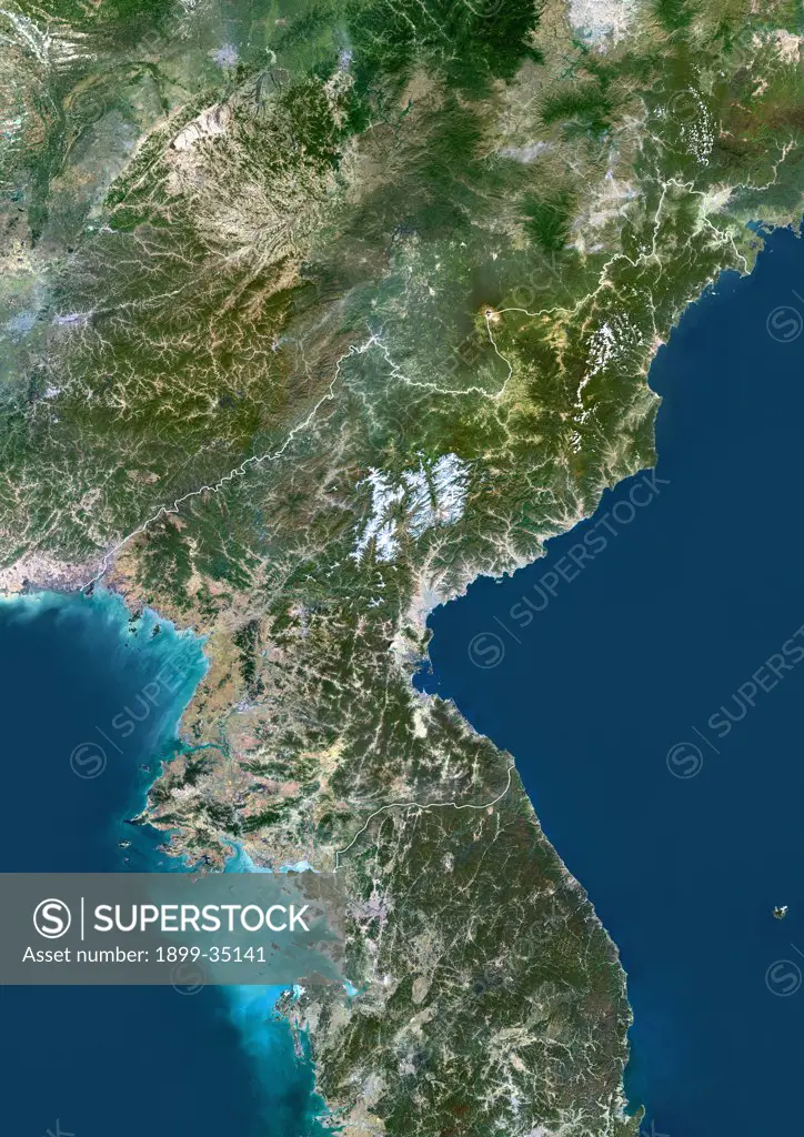 North Korea, Asia, True Colour Satellite Image With Border. Satellite view of North Korea (with border). This image was compiled from data acquired by LANDSAT 5 & 7 satellites.