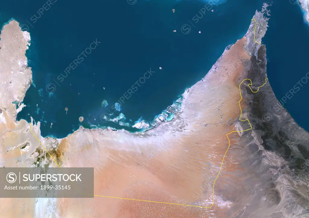 United Arab Emirates, Middle East, Asia, True Colour Satellite Image With Border. Satellite view of United Arab Emirates (with border). This image was compiled from data acquired by LANDSAT 5 & 7 satellites.