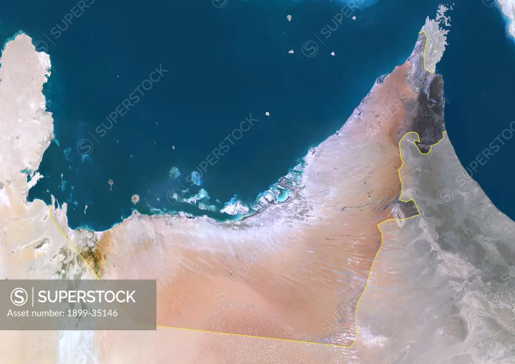 United Arab Emirates, Middle East, Asia, True Colour Satellite Image With Border And Mask. Satellite view of United Arab Emirates (with border and mask). This image was compiled from data acquired by LANDSAT 5 & 7 satellites.