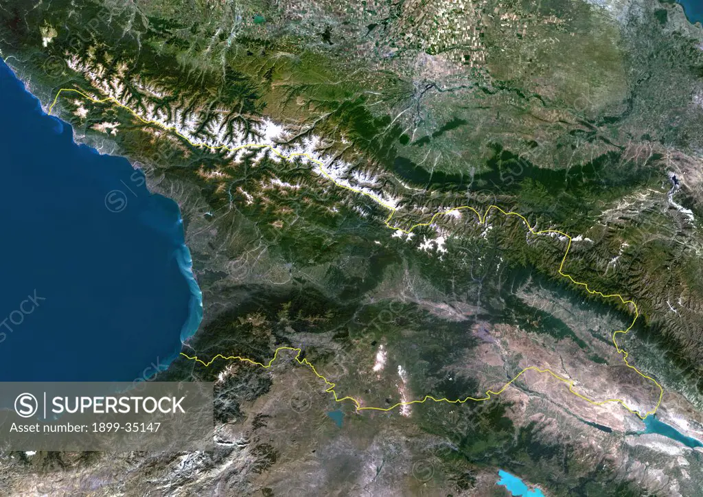 Georgia, Asia, True Colour Satellite Image With Border. Satellite view of Georgia (with border). This image was compiled from data acquired by LANDSAT 5 & 7 satellites.