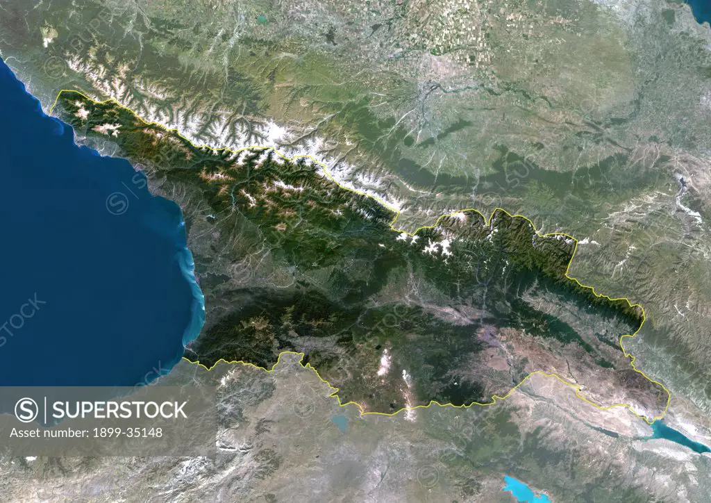 Georgia, Asia, True Colour Satellite Image With Border And Mask. Satellite view of Georgia (with border and mask). This image was compiled from data acquired by LANDSAT 5 & 7 satellites.