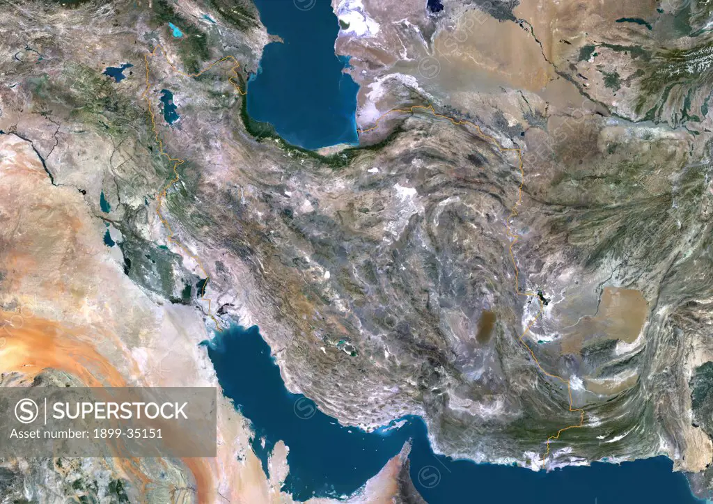 Iran, Middle East, Asia, True Colour Satellite Image With Border. Satellite view of Iran (with border). This image was compiled from data acquired by LANDSAT 5 & 7 satellites.