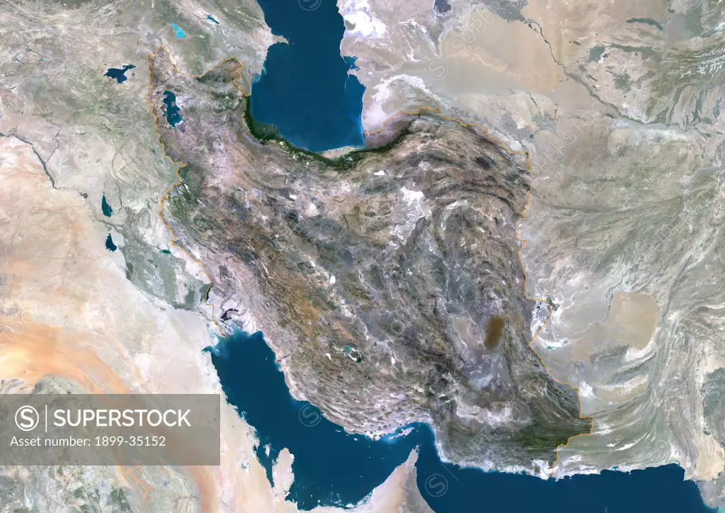 Iran, Middle East, Asia, True Colour Satellite Image With Border And Mask. Satellite view of Iran (with border and mask). This image was compiled from data acquired by LANDSAT 5 & 7 satellites.