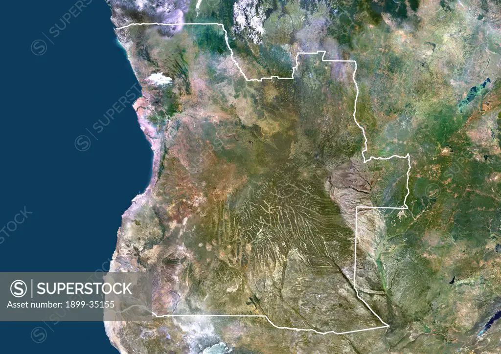 Angola, Africa, True Colour Satellite Image With Border. Satellite view of Angola (with border). This image was compiled from data acquired by LANDSAT 5 & 7 satellites.