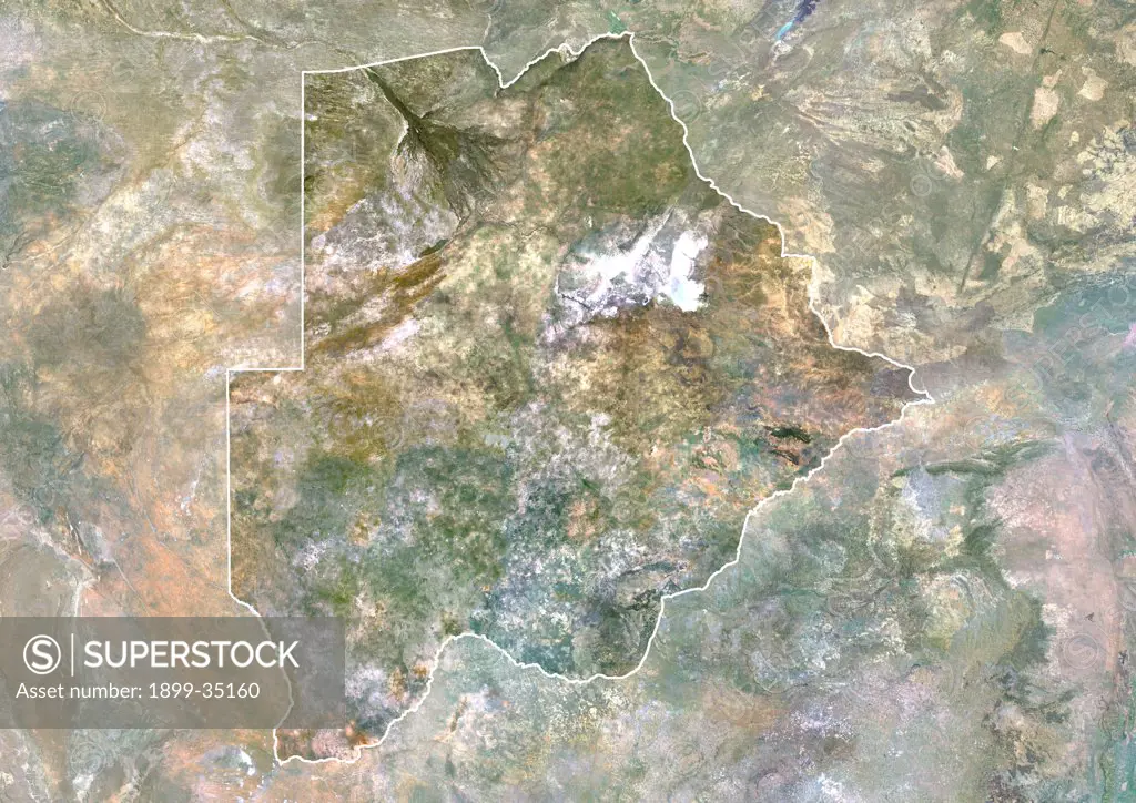 Botswana, Africa, True Colour Satellite Image With Border And Mask. Satellite view of Botswana (with border and mask). This image was compiled from data acquired by LANDSAT 5 & 7 satellites.