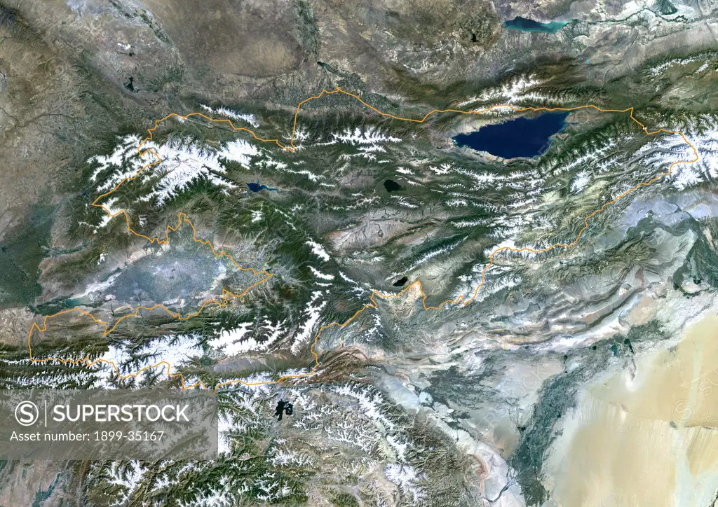 Kyrgyzstan, Asia, True Colour Satellite Image With Border. Satellite view of Kyrgyzstan (with border). This image was compiled from data acquired by LANDSAT 5 & 7 satellites.